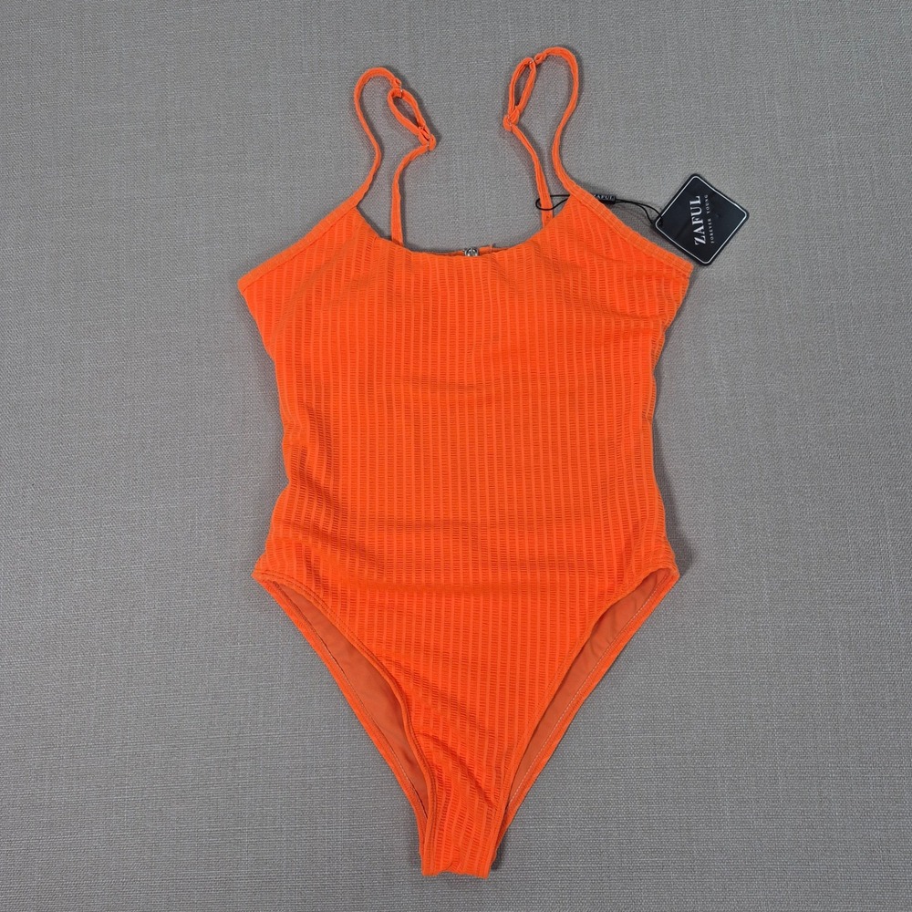 Zaful Orange Ribbed One Piece Swimsuit Strappy Back Size XS New with Tags